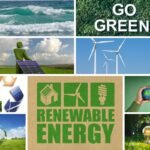Collage showing renewable energy ideas like solar panels, wind turbines, recycling symbols, green landscapes, and hands holding the Earth. Represents clean energy choices and a hopeful, sustainable future powered by renewables.