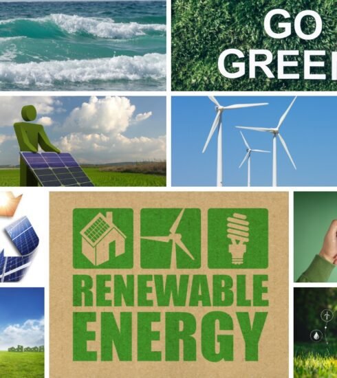 Collage showing renewable energy ideas like solar panels, wind turbines, recycling symbols, green landscapes, and hands holding the Earth. Represents clean energy choices and a hopeful, sustainable future powered by renewables.