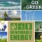 Collage showing renewable energy ideas like solar panels, wind turbines, recycling symbols, green landscapes, and hands holding the Earth. Represents clean energy choices and a hopeful, sustainable future powered by renewables.