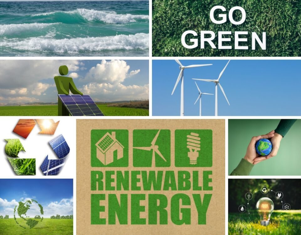 Collage showing renewable energy ideas like solar panels, wind turbines, recycling symbols, green landscapes, and hands holding the Earth. Represents clean energy choices and a hopeful, sustainable future powered by renewables.