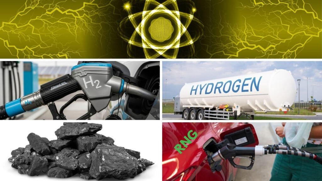 Collage highlighting clean energy alternatives, showing hydrogen fuel systems, a hydrogen transport truck, renewable natural gas fueling, coal for comparison, and atomic energy imagery representing advanced low-carbon energy solutions.