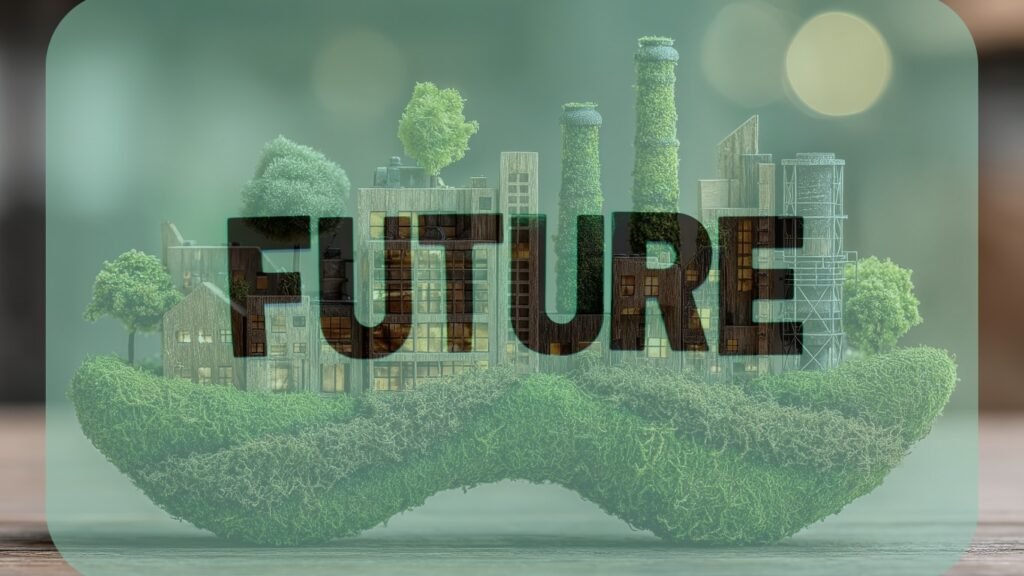 Concept image of a sustainable city growing on green land with buildings covered in plants, symbolizing a clean, eco-friendly future and sustainable development.