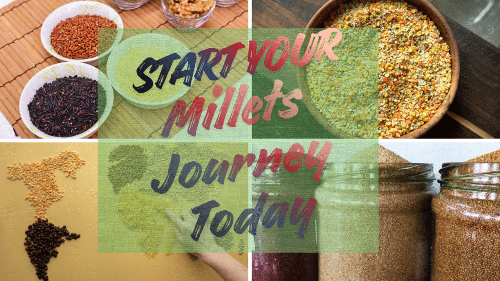 Different types of millets displayed in bowls and jars showcasing ancient grains and healthy millet options.